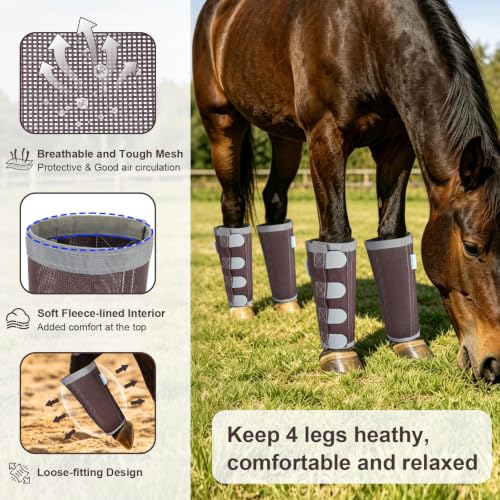 Image of Reflective Horse Fly Boots Set of 4, Loose Fitting Leggings for Horses, Equine Fly Leg Wraps Socks for 4 Legs, Breathable Adjustable and Universal Fit, Reliable Stay Put and on (Brown)