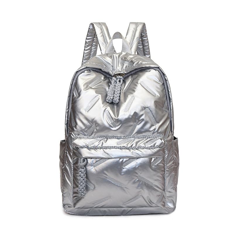 HOKMAH Cute Puffer Backpack for Women, Trendy Puffy Shoulder Bag Fashion Quilted Padding Laptop Bookbag Travel Y2k Backpack (Silver)