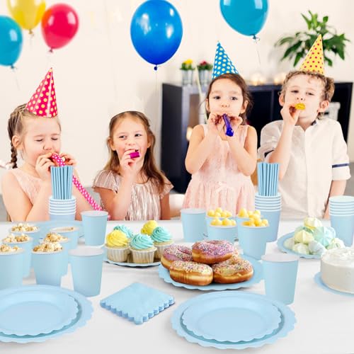 NatNarr 125 StüCk Partygeschirr Set für 25 Gäste, Partygeschirr Blau inklusive Geburtstag Teller Set, Becher, Servietten und Papierstrohhalme für Geburtstag Hochzeiten Babypartys