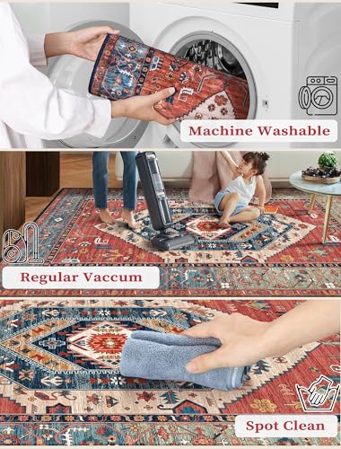 SERISSA Runner Rug for Hallways, 2'6"x14' Washable Non Slip Kitchen Runner Rug, Extra Long Boho Rug Ultra Soft Vintage Rust Print Floor Carpet for Bedroom Hallway Entryway Bathroom Laundry Room