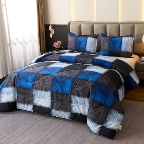 Image of Caressma Plaid Comforter Set Black and Navy Blue, Twin Size Black and White Checkered Comforter Bedding Set, Fluffy Black Grid Home Decor for All Seasons