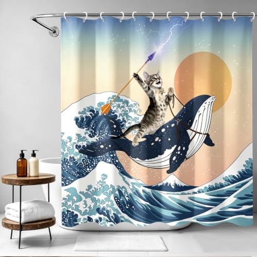 Image of Aimego Long Funny Shower Curtain - Cute Cat Riding Whale Holding Trident in Ocean Wave, Shark Cat Fabric Cloth Fun Bath Shower Curtain Set with 12 Hooks for Bathroom Decor Bathtub Curtain, 72 inchx78 inch