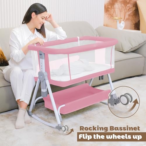 Baby Bassinet, Pink Bassinets Bedside Sleeper, 7 Height Adjustable Bedside Bassinet for Baby with Wheels and Storage Basket, Portable 4-Sided Mesh Bedside Crib for Newborn, Youluzhen by Youluzhen - Image 2