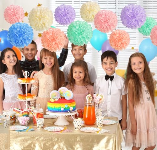 Image of 12PCS Pastel Colors Paper Tissue Pom Poms Decoration Flower Balls for Birthday Wedding Baby Shower