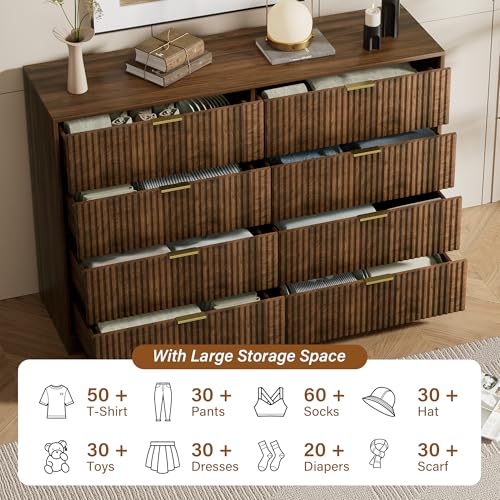 Image of Furniway Modern Walnut Bedroom Set, Fluted Wood 8 Drawer Dresser with Elegant Gold Handles and 2 Drawer Nightstands, 3 Piece Storage Furniture