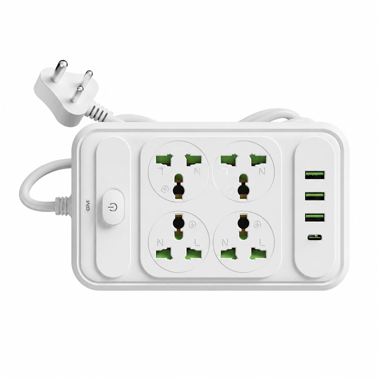 GM G+ ConnectX 6-in-1 Powerstrip with Type-C, 4 Universal Sockets, 3 USB, 2500W, 2M Cable, Master Switch, Surge Protection | Extension Board for Home & Office