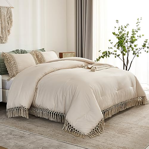 Image of Andency King Size Comforter Set Beige, 3 Pieces Boho Tassel Lightweight Soft Bedding Comforter Sets for King Bed, All Season Fluffy Bed Set (104x90In Comforter & 2 Pillowcases)