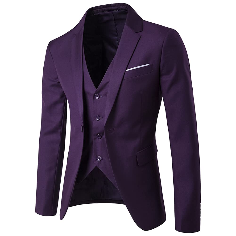 GUOCU Garnitur męski slim fit, 3-częściowy, marynarka, spodnie, kamizelka do biznesu, na wesele, imprezę, garnitur, marynarka, spodnie garniturowe, kamizelka, zestaw, liliowy, 4XL