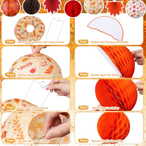 Image of Retisee 18 Pcs Fall Party Decoration, Maple leaf design, Autumn Paper Decor | Fall Paper Lanterns, Maple Leaves Hanging Fans, Honeycomb Orange Brown Lanterns for Thanksgiving Harvest Party