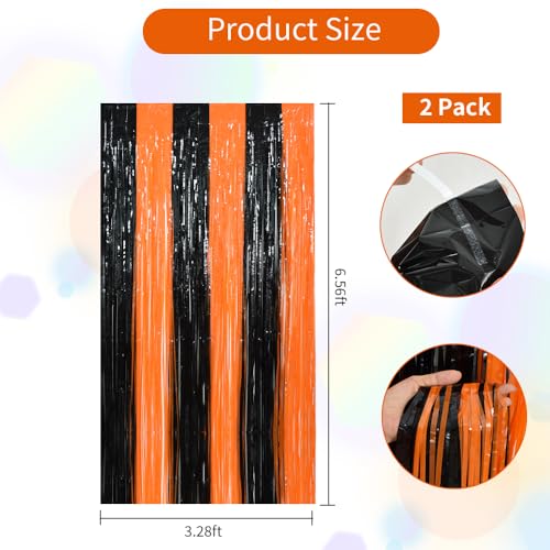 Image of TONIFUL 2Pcs Black Orange Door Streamers,Photo Booth Backdrop Metallic Streamers Foil Fringe Curtains for Birthday,Christmas,New Year,Bachelorette,Halloween Party Streamers Decor(6.6ft x 6.6ft)