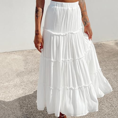 Womens Flowy Maxi Skirt Summer Boho Elastic High Waist A-Line Beach Swing Ruffle Hem Tiered Long Skirt2