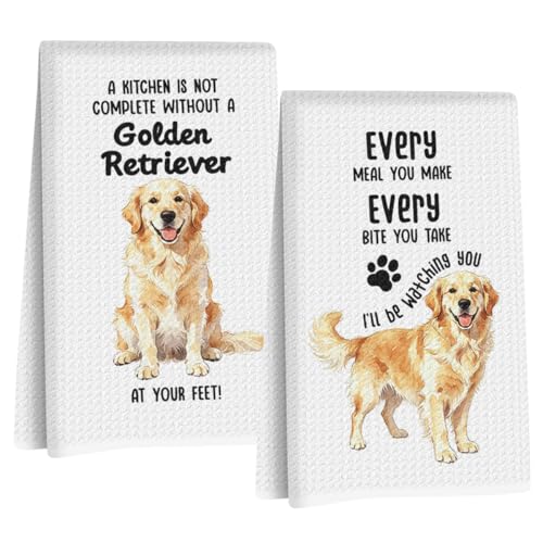 Image of 2 Pcs Funny Golden Retriever Kitchen Towels 24x14 Inch, Golden Retriever Decorative Reusable Dish Towels for Kitchen Bathroom Decor, Waffle Weave Hand Cloth Tea Towel, Dog Lover Gifts for Women Friend