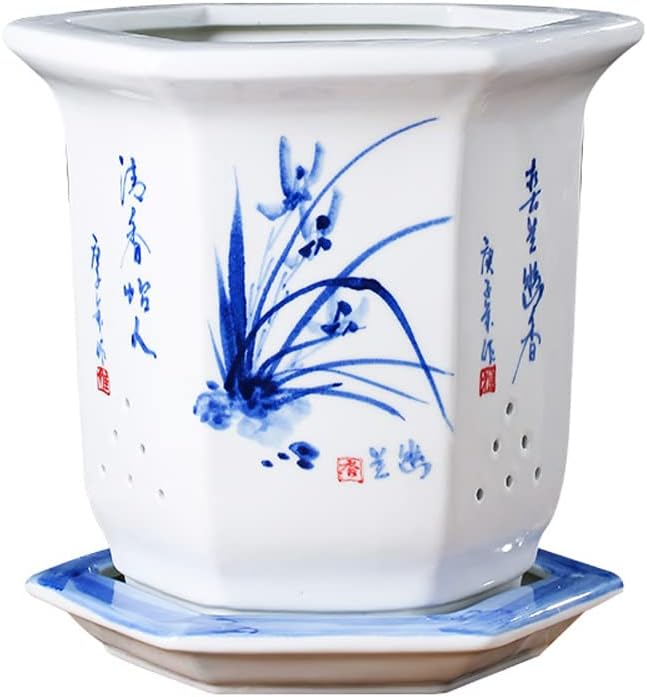 Blue and White Orchid Pot, Porcelain Octagonal Chinese Planter with Drainage Holes and Saucer, Traditional Ink Wash Style Decorative Pot for Indoor Desktop Plants Home Decor