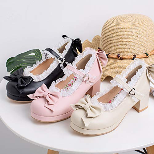 Women Fashion Sweet Bownot Lolita Shoes Block Heels Ankle Strap Platform Lace Maid Mary Jane Shoes4