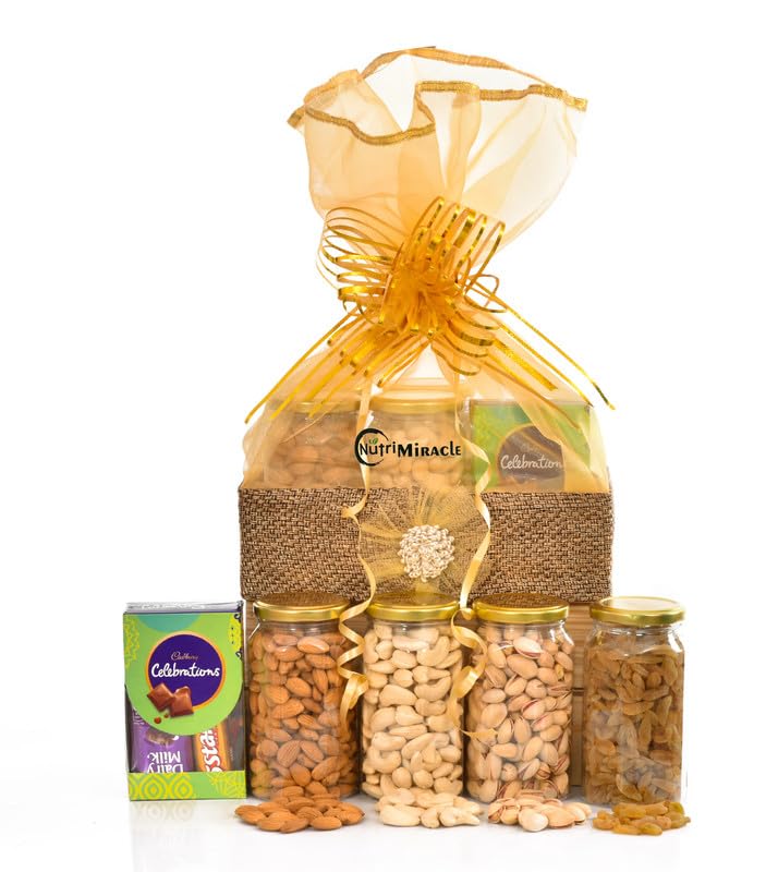 Image of NUTRI MIRACLE Diwali Dry Fruits Nuts Chocolates Laddu Candles Gift Pack for Friends & Parents