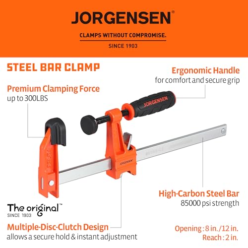 Image of Jorgensen 2-Pack Steel Bar Clamp Set, Light Duty F-Clamp, 8-Inch & 12-Inch | 300 lbs Load Limit, Bar Clamps for Woodworking, Metalworking and DIY Projects