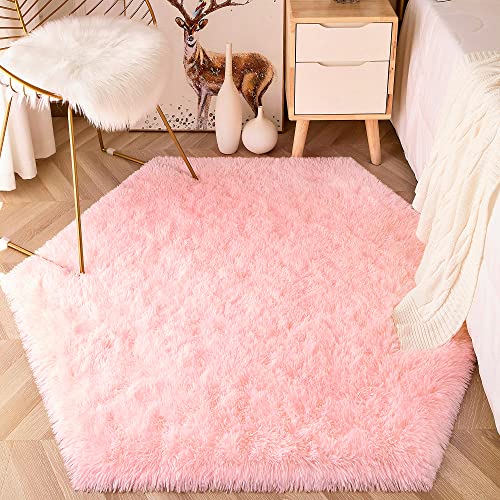 Evoionos Pink Hexagon Rug For Princess Tent, Fluffy Area Rug For Kids Room, 4.6X4 Ft For Girls Tent, Furry Soft Nursery Rug, Fuzzy Plush Carpet For Teen Girls Bedroom #TOP6