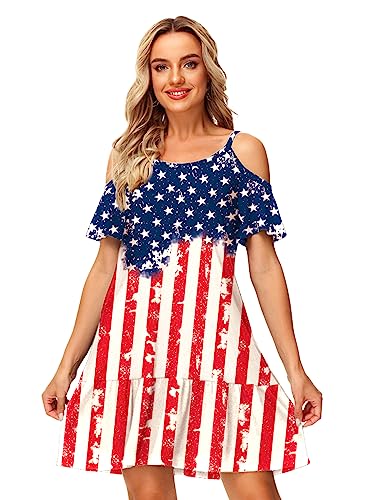 Image of Deerose Womens 4th of July Dresses Cold Shoulder American Flag Tie Dye A-Line Dress with Pockets