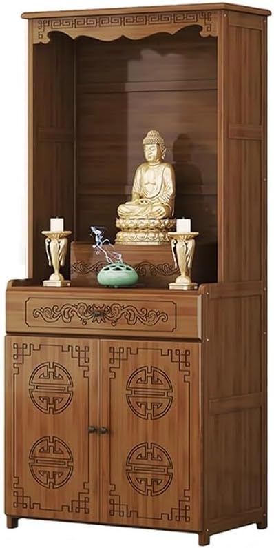 Buddhist Altar Cabinet - Bamboo Pooja Table with Ancestral Tablets Shelf, Elegant Home Décor for Living Room, Bedroom & Office (Natural Wood Finish)