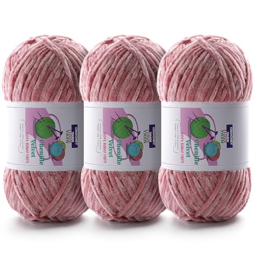 Image of 3 Skeins Soft Fluffy Velvet Yarn, Chenille Chunky Yarn for Hand Knitting and Crocheting DIY Craft, Amigurumi Crochet Yarns(3x196.8yds, 3x3.5oz) (Peach Pink)