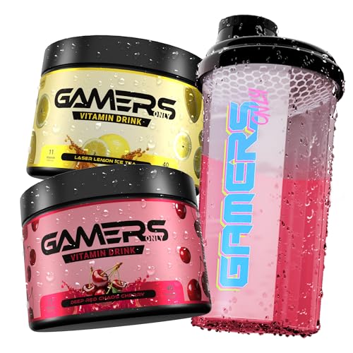 Gamers Only Vitamin Pulver Set Deep Red Chaos Cherry & Yellow Laser Lemon [Zero Zucker] inkl. Shaker | 12 Vitamine & Aminosäuren | Vitamin B6 B12 & C D E | 40 Portionen