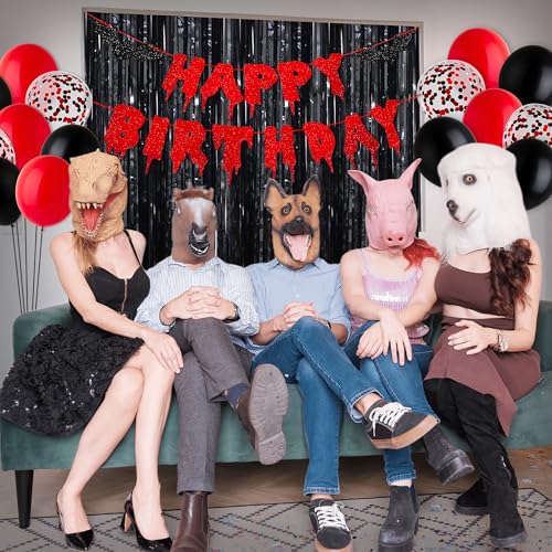 Image of Halloween Happy Birthday Banner, Bloody Bat Vampire Red and Black Birthday Decorations, Glitter Foil Fringe Curtains Backdrop Balloons Horror Movie Themed Party Decoration Supplies