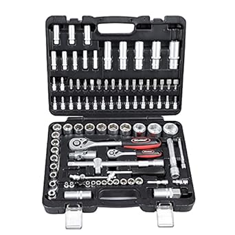 Eastman Tool Kit Ratchet 1/2 Inch & 1/4 Inch Sq. Drive 94 Pcs Socket & Bit Set, Tool Kit, Chrome Vanadium Steel, Knurled Sockets, Satin Finish, Heavy Duty Gripped Handle Ratchet, Metal Latch- E-2301