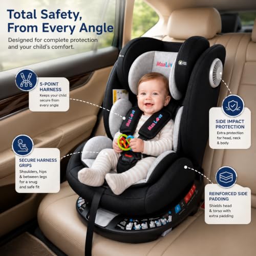 Image of Premium (6 in 1) Car Seat 360 Rotating Recliner Baby Car Seat for 0 to 12 Years Forward Facing & Rear Facing, 5-Adjustable Recline Levels, Adjustable Headrest with 5-Point Safety Harness
