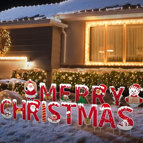 16 Pcs Merry Christmas Yard Signs Stakes Decoration Novel All Weatherproof Outdoor Christmas Lawn Garden Signs Decorations 32PCS Stakes Thickened Corrugated Yard Signs Easy Install