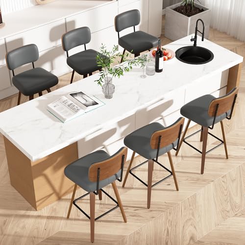 Image of Swivel Bar Stools Set of 6, 26 inch Upholstered Faux Leather Counter Height Barstools with Walnut Back & Bentwood Legs, Mid Century Modern Bar Chairs Island Stools for Kitchen Counter, Dark Grey