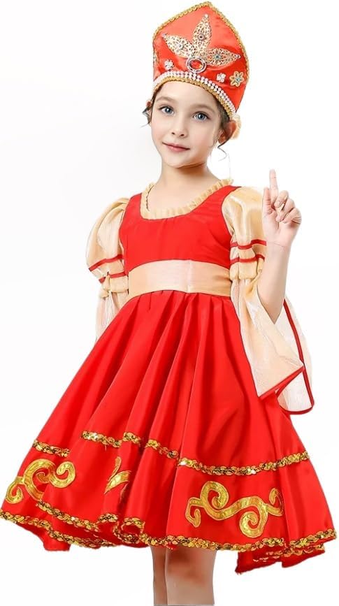 Girls Russian Traditional Dance Dress.Puff Sleeve Performance Outfit