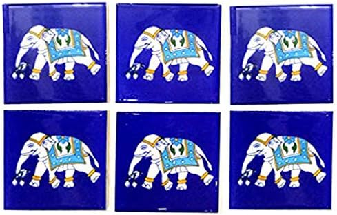 Shiv Kripa Blue Pottery Home Decor Interior Exterior Crafted Tabletop Flooring Wall Kitchen Washroom Elephant Painted Tile (Blue, 4 * 4 Inch) - Pack of 6