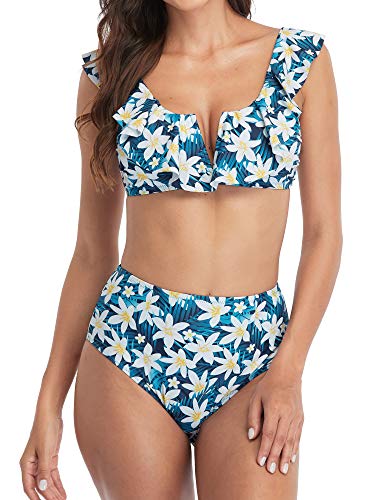 beautyin Womens Floral Print V Neck Ruffled High Waisted Full Coverage Bikini Swimsuits Sets Blue S
