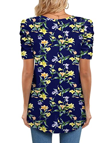 Cathy Womens Summer T-Shirt Short Puff Sleeve Tunic Top Pleated Shoulder Casual V Neck Blouses Loose Tee, 3Xl, Short Lily Navy #TOP3