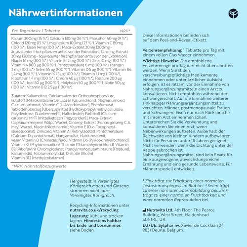 Nutravita Multivitamine & Mineralien für Männer - 25 Essentielle Aktive Vitamine & Mineralien mit Maca-Wurzel & Panax Ginseng - 180 Vegane Multivitamin Tabletten - Multivitamin Tabletten Hochdosiert