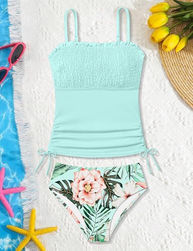 Image of Girls Swimsuit Solid Color Tankini Contrast Trim Swimwear 2 Piece Bathing Suit Padded Swimsuits for Teens 9-16Y