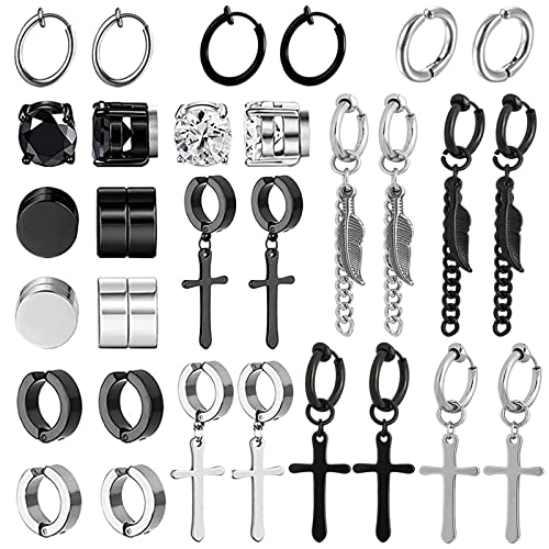 Image of NEWITIN 15 Pairs Magnetic Stud Earrings for Men Stainless Steel Magnetic Earrings Men Clip on Earrings Non Piercing Cross Earrings Unisex CZ Hoop Dangle Magnetic Earrings for Men Women