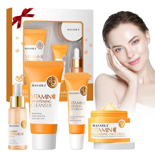 HASAIKA® Coffret de soins à la Vitamine C, Avec Sérum À La Vitamine C, Crème Hydratante à la Vitamine C, Ensemble Hydratant Apaisant pour e Visage Anti âge Rides Taches, 4 pièces