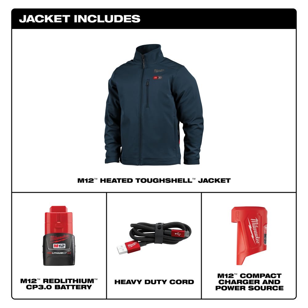 Milwaukee 204BL-21L M12 TOUGHSHELL Lithium-Ion Cordless Heated Jacket (3 Ah) - Large, Navy Blue