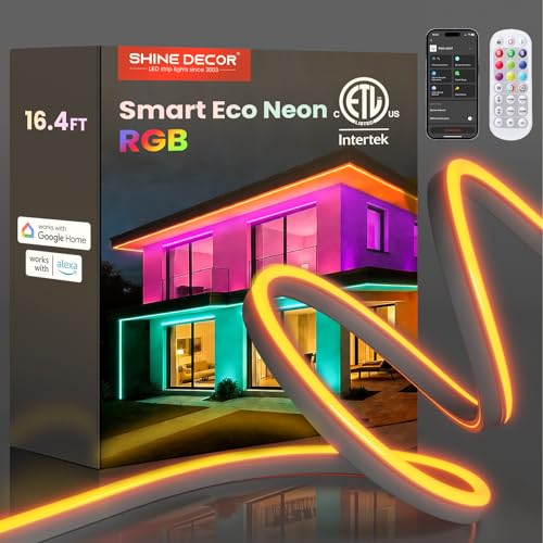 Image of Shine Decor Smart LED RGB Neon Rope Lights AC 120V, ETL Expandable Color Changing Dimmable with Remote Compatible with Alexa, Google Assistant, Cold-Resistant & IP65 Waterproof, 8x16 mm, 16.4FT
