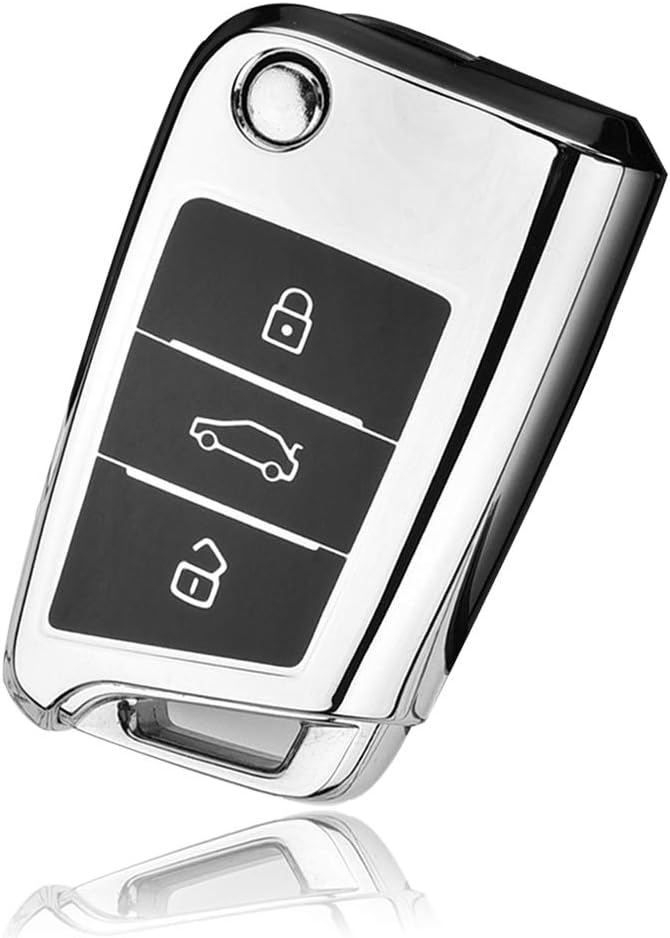 V-W TPU Soft Rubber Car Key Cover, Golf Folding All-Inclusive Key Case, Suitable for Ti-guan L Golf 7 Lavida Ti-guan Sagitar Car 3 Button Soft Key Protector (Silver)