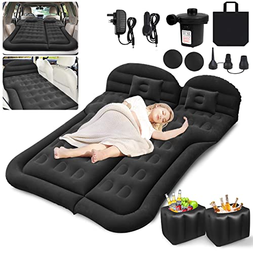 Matelas Gonflable pour Voiture SUV, MVP Universel Matelas Gonflable avec 2 Coussins et Pompe électrique, Surface Floquée en PVC, Voyage, Camping, Extérieur Tapis de Couchage (Noir)