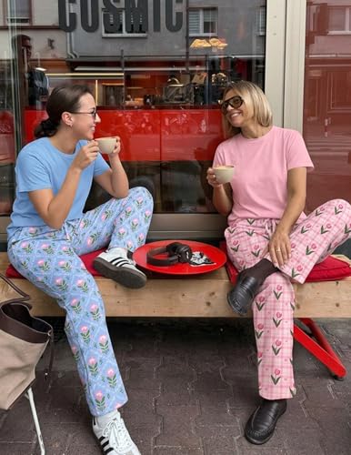 Image of Ekouaer 2 Pack Pajamas for Women Set Short Sleeve Pj Top and Printed Pants | Soft PJs Cozy Printed Lounge Sets Comfy Sleepwear with Pockets