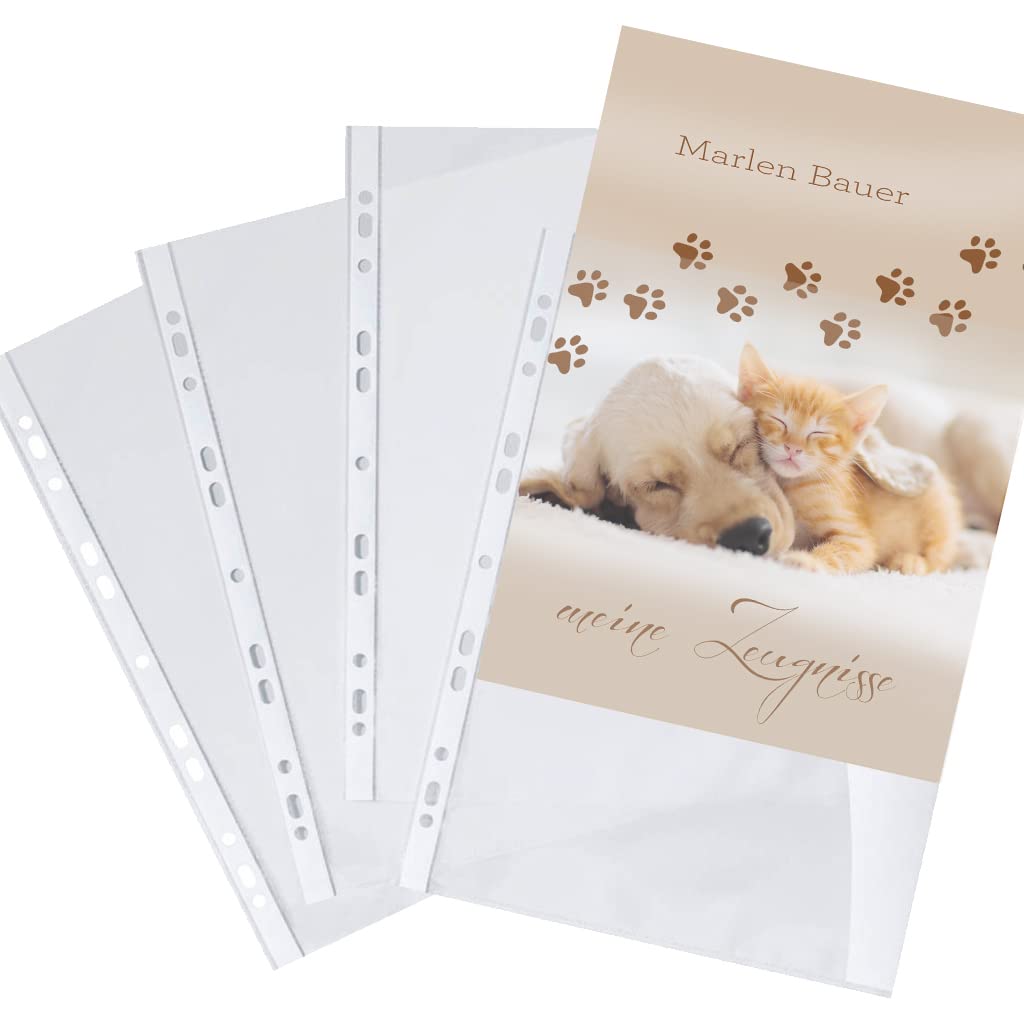 Zeugnismappe personalisiert mit Namen Animal Love A4 ca. 31x24 cm beige Zeugnisbuch Katze Hund Urkundenmappe Einschulung Schulanfang