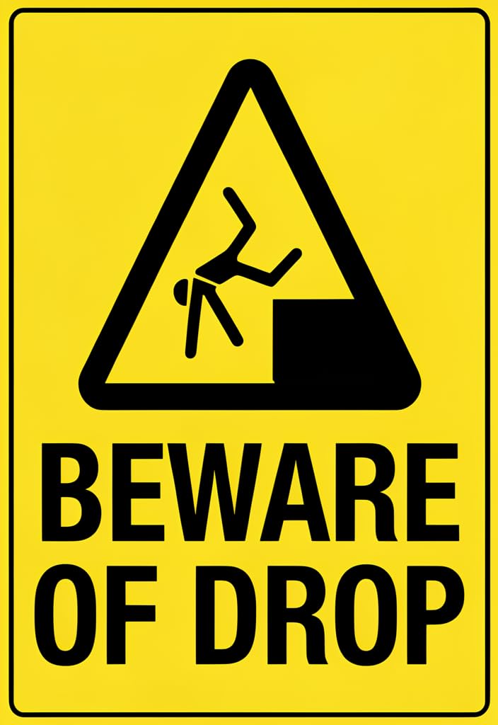 peiyeety Beware of Drop Tin Sign 12x8 Inch, Yellow Warning Metal Plaque with Caution Symbol, Rustic Industrial Wall Decor for Garage Workshop Warehouse, Funny Safety Notice Gift