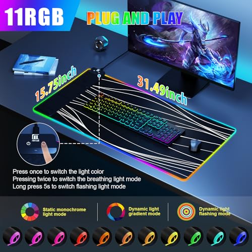 Image of Mouse Pad with Phone Holder, Wireless Charging Desk Mat, RGB Gaming Mousepad Home Office Large Desk Pad with Ultra-Smooth Surface, Non-Slip Base, Waterproof Keyboard Pad,Wavy Black
