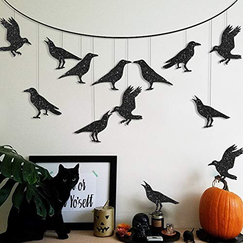 Glitter Black Crow Decorations for Halloween Party Decoration Flying Hanging Crow Banner for Halloween Tree Decor Bird Crow Themed Costume Bridal Shower Birthday Party Decoration