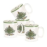 Spode Christmas Tree Mugs Set of 4 – Iconic Tree Pattern, Holiday Beverage Mugs with 9 oz Capacity – Dishwasher Safe, Festive Hot-Drink Cups in Durable Stoneware for Cocoa, Tea & Coffee