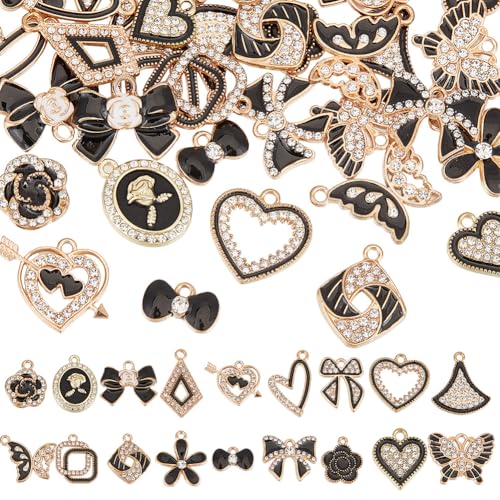 Breloques cœur en émail noir et strass pour création de bijoux