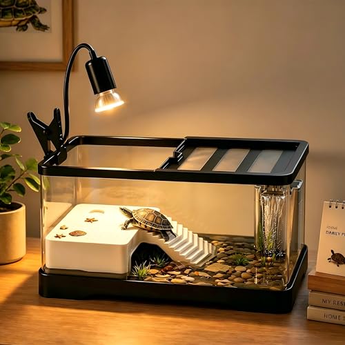 Hcosmy Turtle Tank - 38.521.420cm Ultra Clear Turtle Box Kit with UVB lamp & Filter & Resting Platform Turtles Starter Set Aquarium with Bottom Drainage Multi-Function Areas for Amphibians (L)